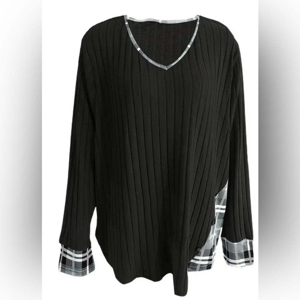 Black V-Neck Sweater with Plaid Accents
